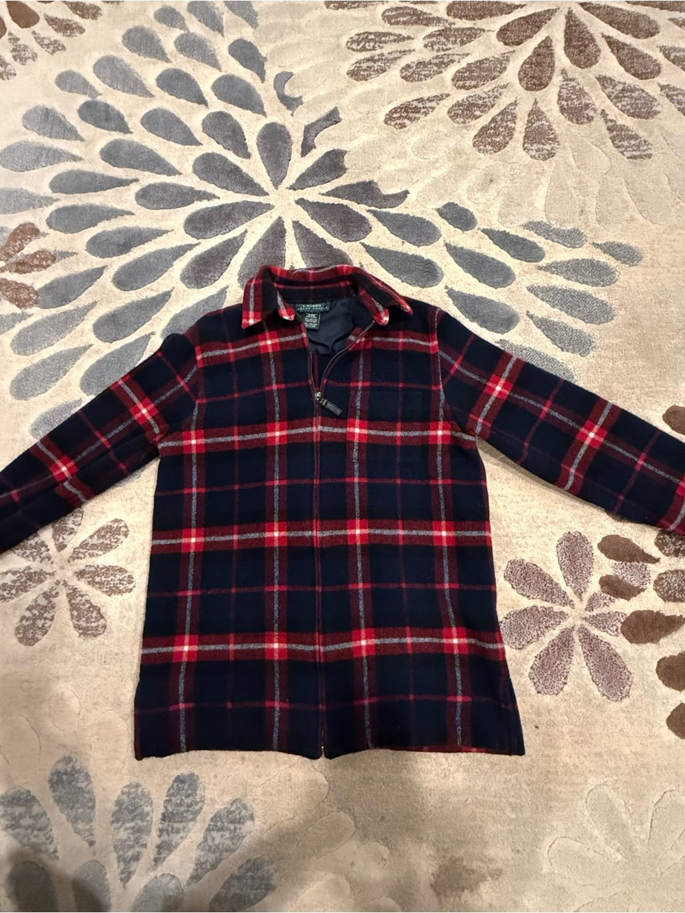 Lauren Ralph Lauren Men’s Red Blue Plaid 100% Pure Wool Jacket S Full Zip Lined